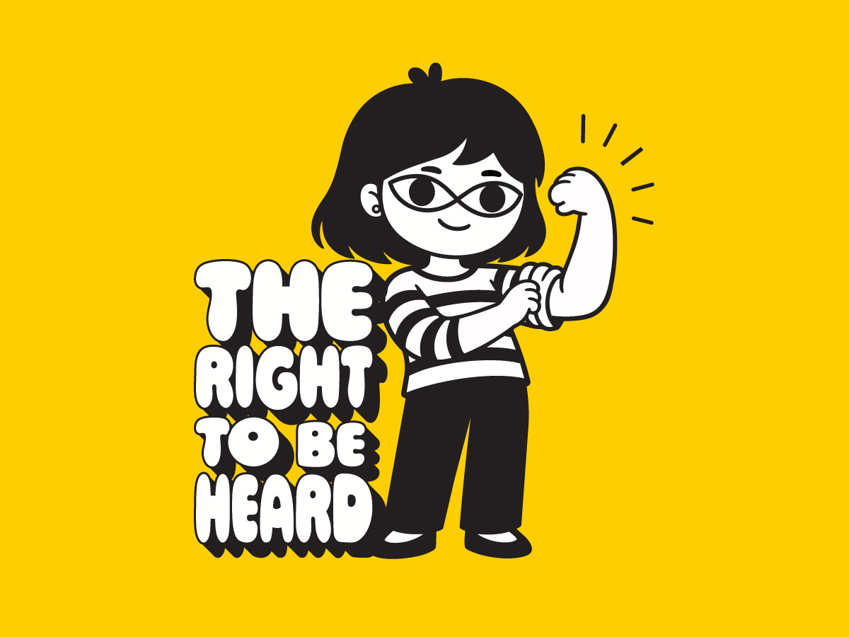 Black-and-white illustration of a woman flexing beside the words The Right To Be Heard on a yellow background.